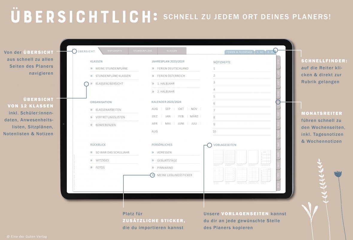 Digitaler Terminkalender 2023 2024 für Lehrerinnen & Lehrer für die Unterrichtsplanung, interaktives pdf